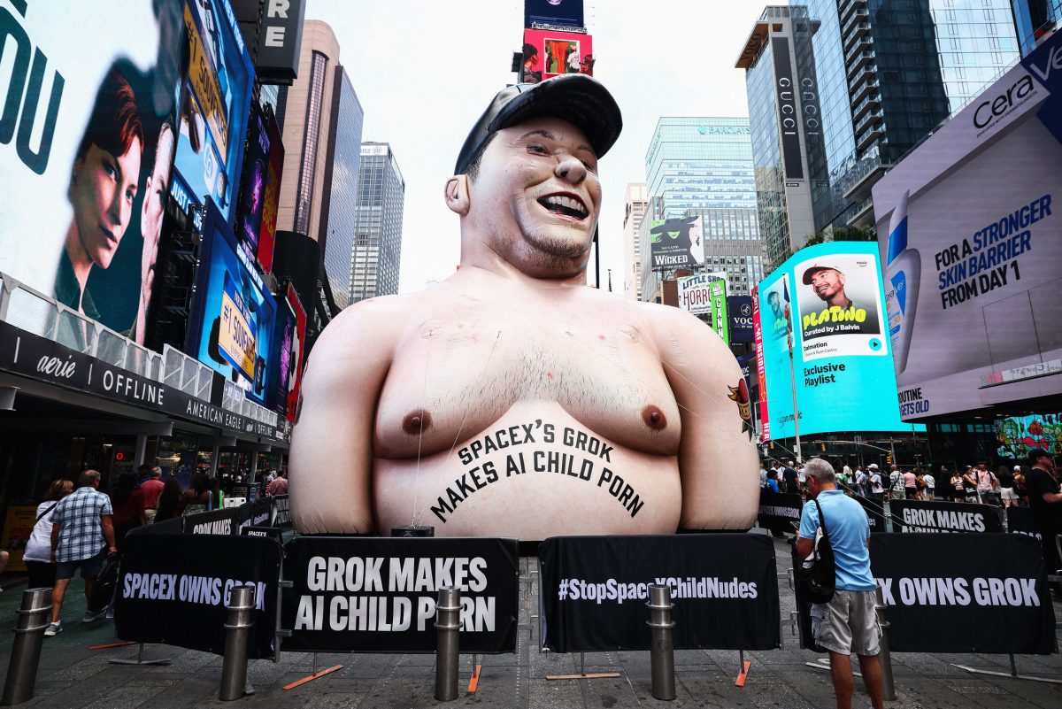 40-Foot Inflatable Elon Musk Erected in Times Square to Protest AI Platform Grok